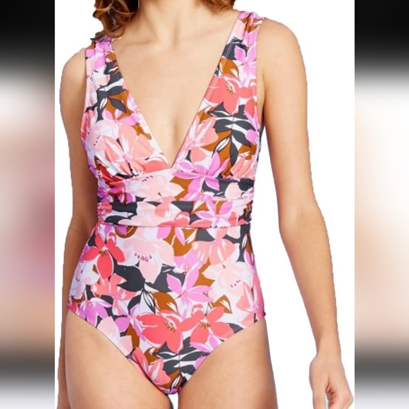 Kona Sol Tropical One Piece Swim Suit High Leg Covering L Nwot - Picture 1 of 16